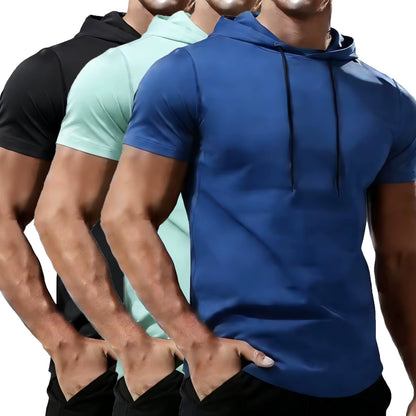 Men'S Running T-Shirt Sportswear Hooded Tops Tee Workout Tracksuit Training Male Clothing Elastic Gym Fitness Sport T Shirt Men