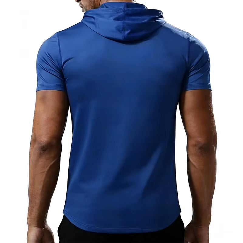 Men'S Running T-Shirt Sportswear Hooded Tops Tee Workout Tracksuit Training Male Clothing Elastic Gym Fitness Sport T Shirt Men