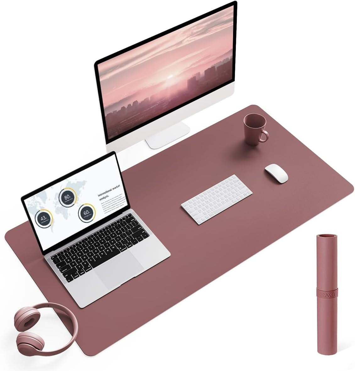Non-Slip Leather Desk Pad L Size, Waterproof Laptop Computer Desk Keyboard Mat, Table Protector Blotter Mat, Large Mouse Pad for Office/Work/Home/Decor(Dark Pink, 35.4" X 17")