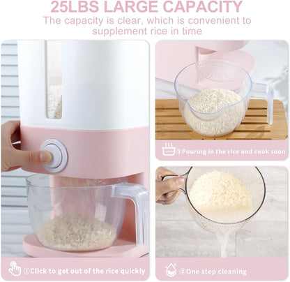 22.5-25 Lbs Pink Rice Dispenser, Rice Storage Container, Pink Rice Storage Container with Measuring Cup, Rice Holder Bucket for Household Kitchen Rice Soybean Corn