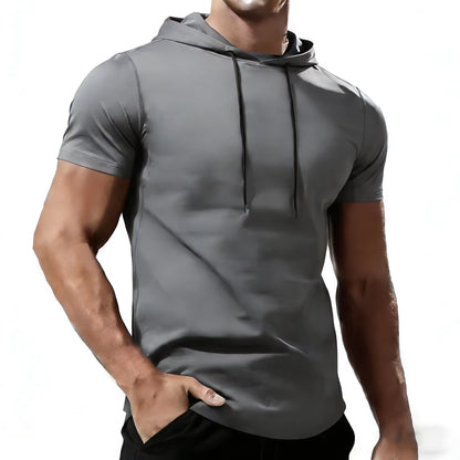 Men'S Running T-Shirt Sportswear Hooded Tops Tee Workout Tracksuit Training Male Clothing Elastic Gym Fitness Sport T Shirt Men